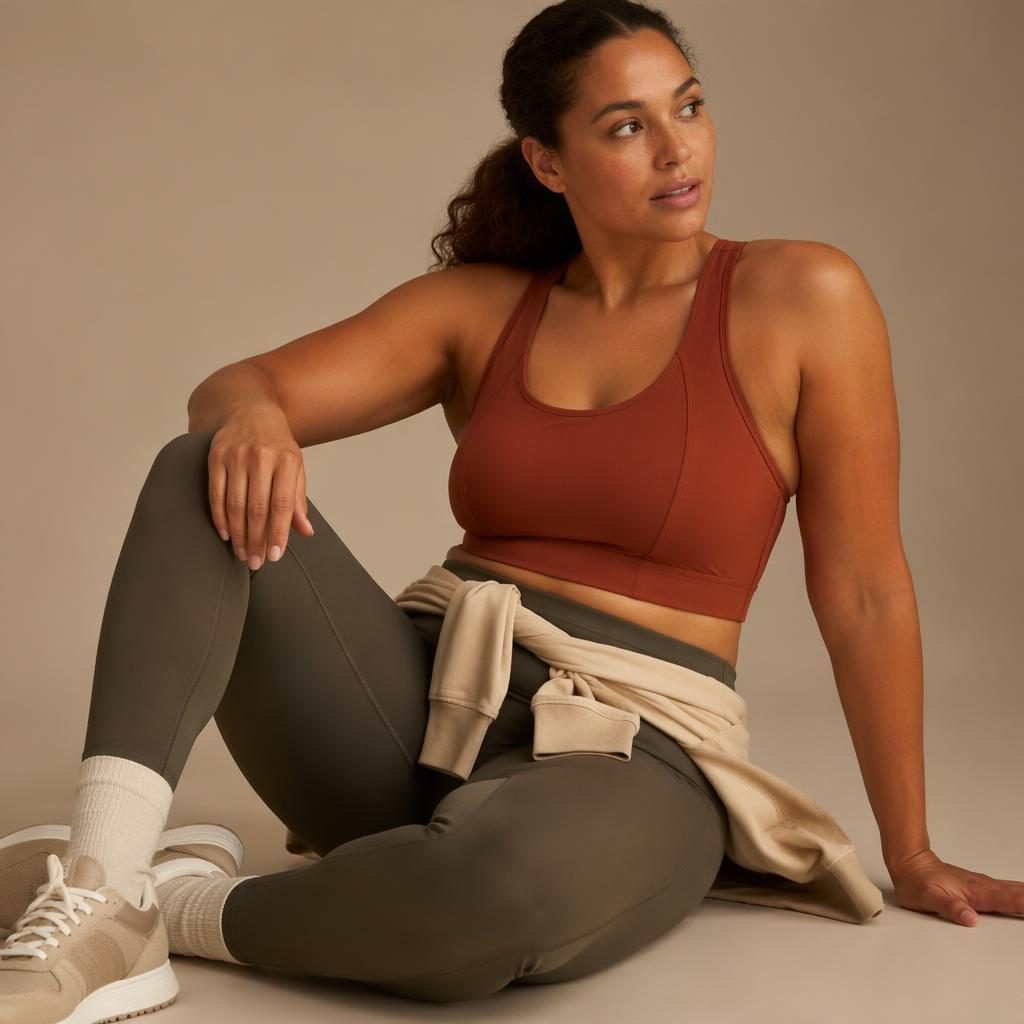 Editorial studio photo of a generic model in earth-tone athletic sportswear for a whole foods clothing catalog.