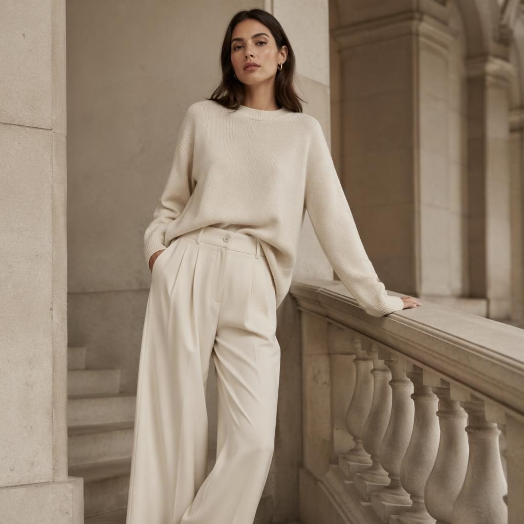 Modèle femme en tenue lookbook neutre, posant naturellement devant un bâtiment architectural au style éditorial.