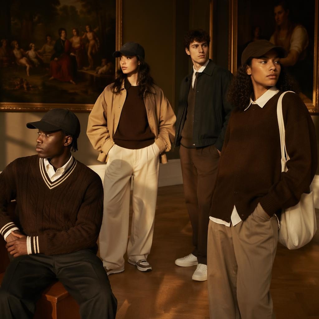 Editorial fashion model in a streetwear catalog look, posed naturally in an art gallery with warm sunset lighting.