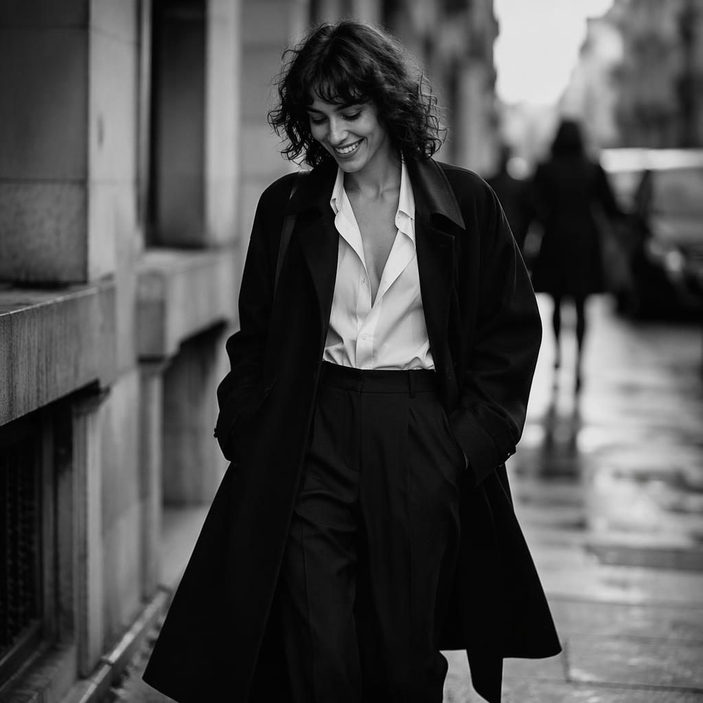 Modèle en tenue éditoriale dark academia dans une rue urbaine, photo noir et blanc au style spontané.