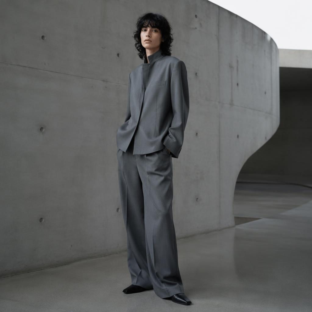 Editorial fashion model in a minimalist jil sander lookbook outfit inside a futurist architectural building with cool gray tones
