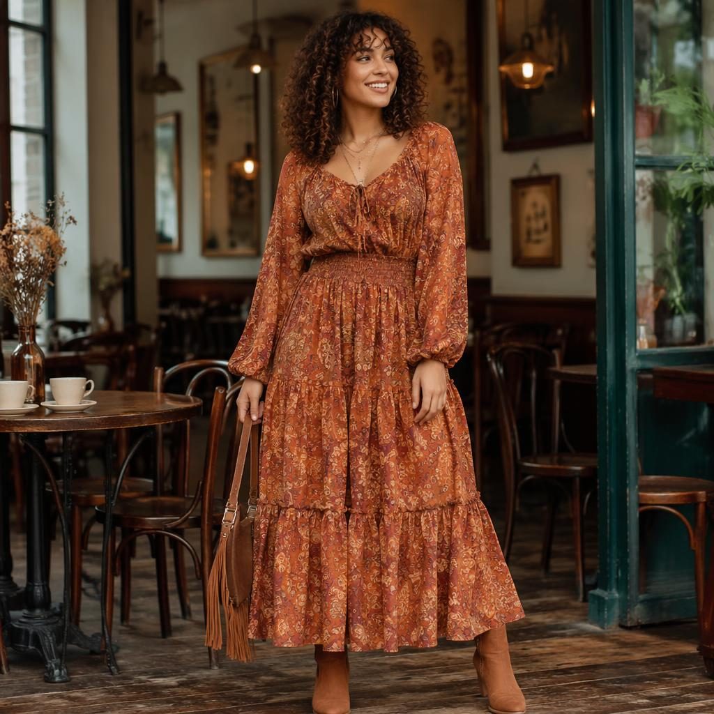 Model in flowy bohemian Blair mail order clothing posing in a vintage cafe with bold autumn rust tones