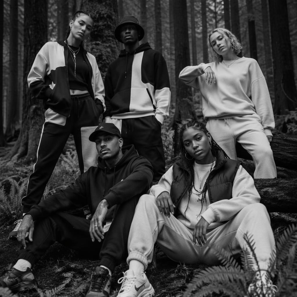 Black and white editorial fashion model in streetwear posing naturally in a dark moody forest lookbook scene.