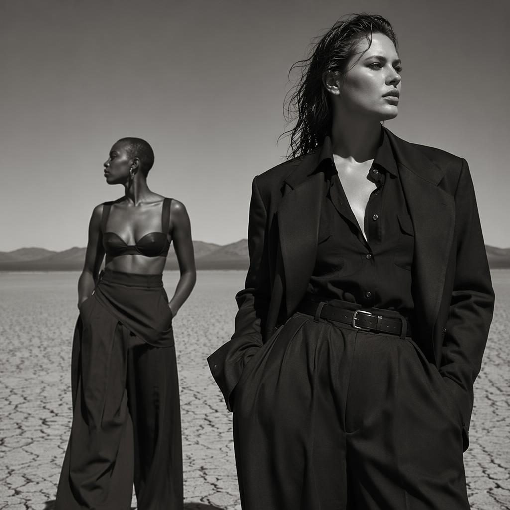 Modèle en look éditorial haute couture dans le désert, pose naturelle, lumière magazine, contraste fort