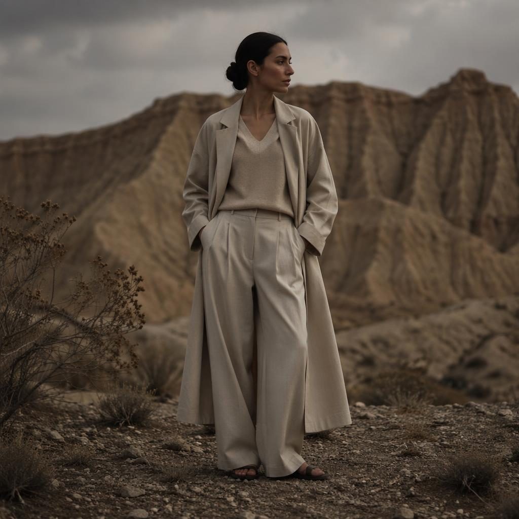 Editorial fashion model in a muted neutral outfit posing naturally in a dark, moody desert lookbook scene.