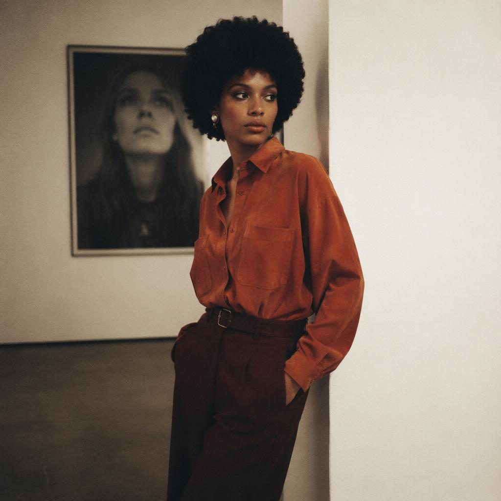 Minimalist editorial fashion model in an art gallery, wearing a rust-toned lookbook outfit with a quiet autumn mood.