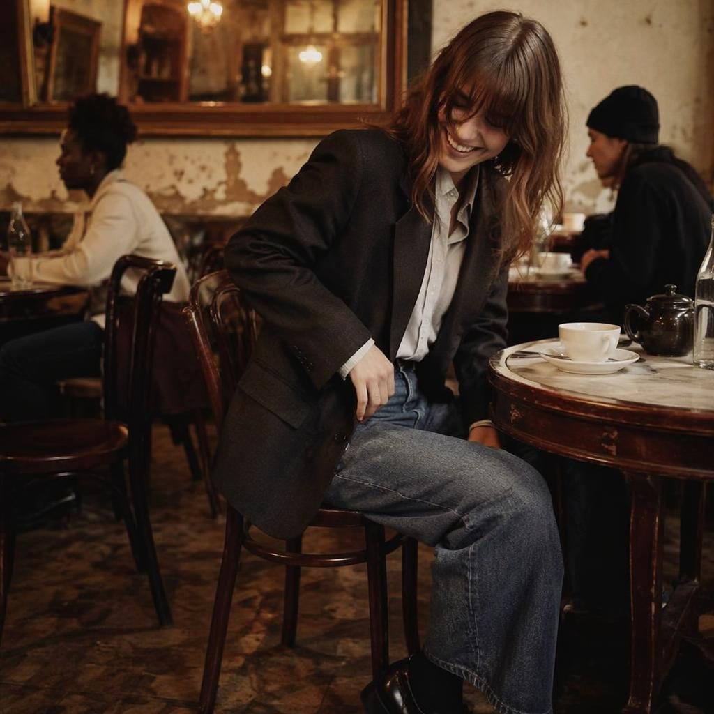 Editorial fashion model in a grunge edgy outfit posing candidly inside a vintage cafe with warm earth tones.