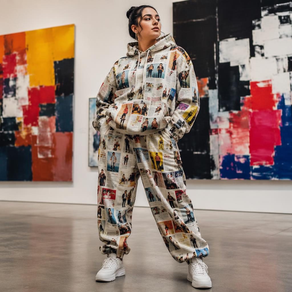 Modèle en tenue streetwear urbaine dans une galerie d’art, pose naturelle, lumière magazine, palette contrastée