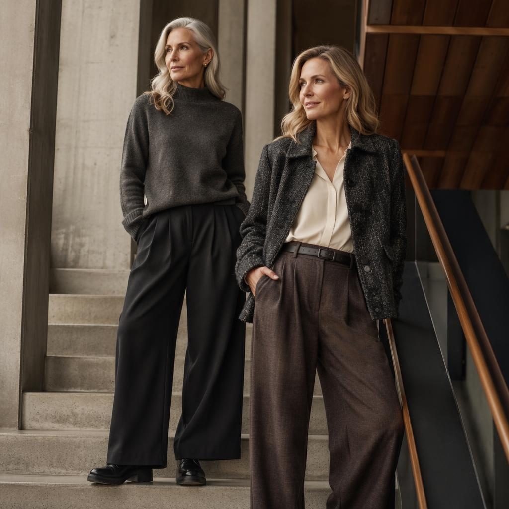 Editorial fashion model in muted neutral outfit at an architectural building, styled for a clothes for over 50s catalogue.