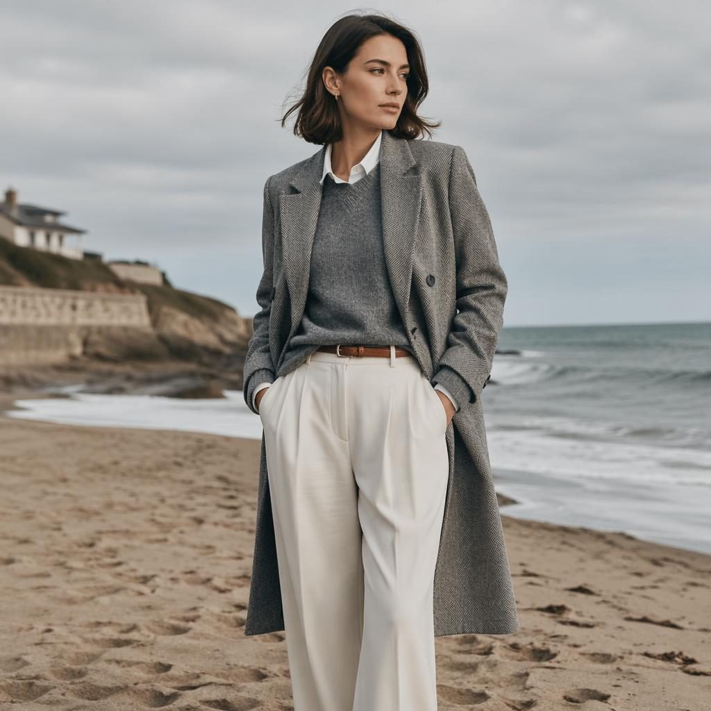 Editorial fashion model on a beach in an old money preppy outfit, soft dreamy light, cool gray tones, natural pose.