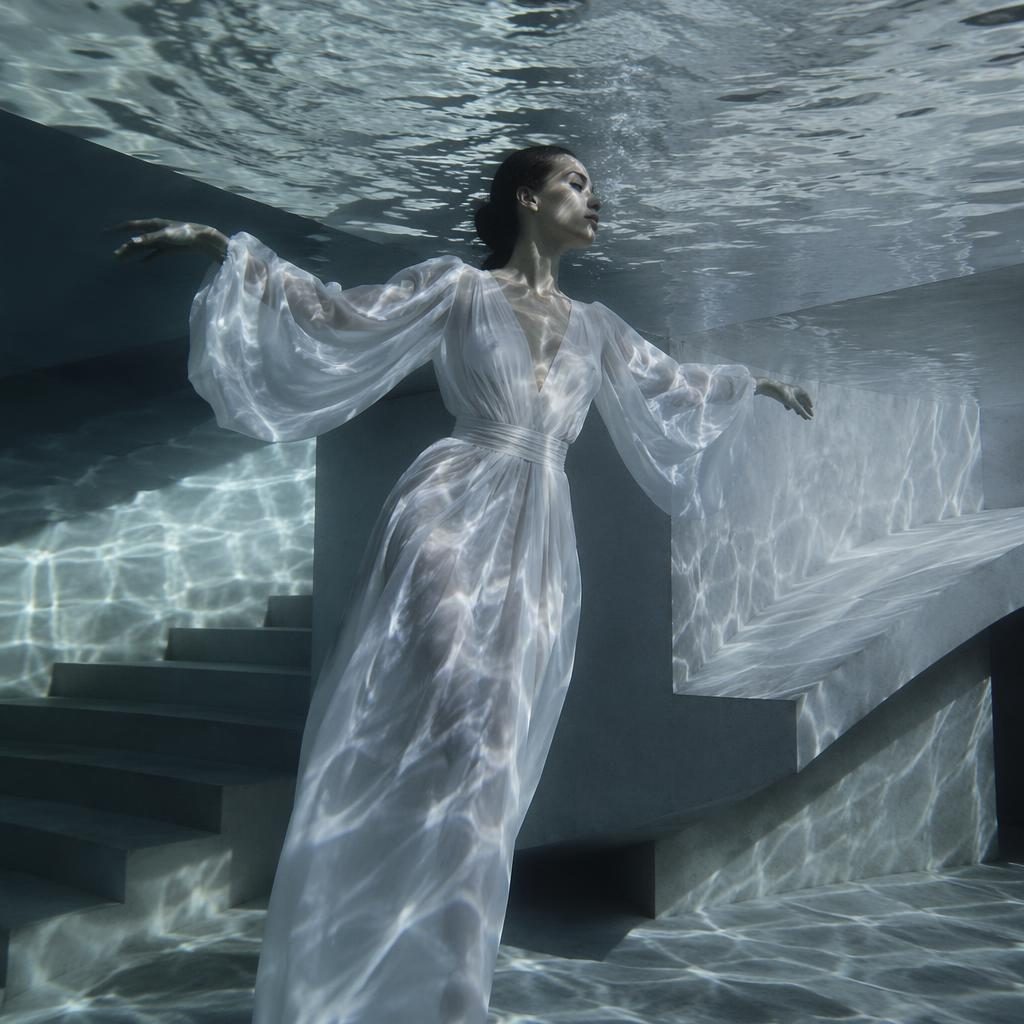 Editorial fashion model in a futurist outfit at an architectural building with cool gray tones and luxurious lighting
