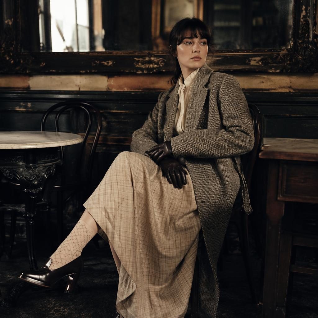 Editorial fashion model in a vintage cafe with dark academia styling, moody lighting, and a soft pastel romantic palette.