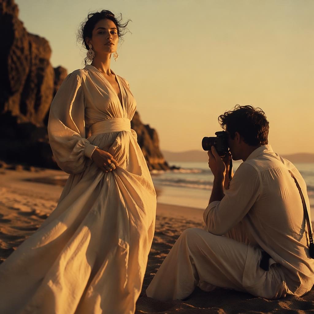 Editorial fashion model on a beach at sunset in a high fashion runway look, posed confidently in warm magazine lighting.