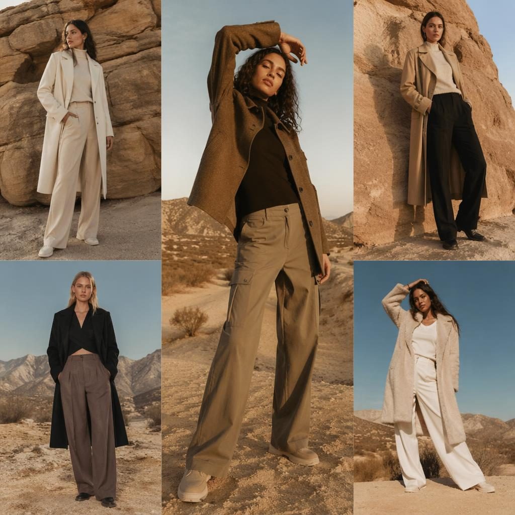 Model in a muted neutral coat and pants set posing candidly in a desert editorial fashion lookbook scene.