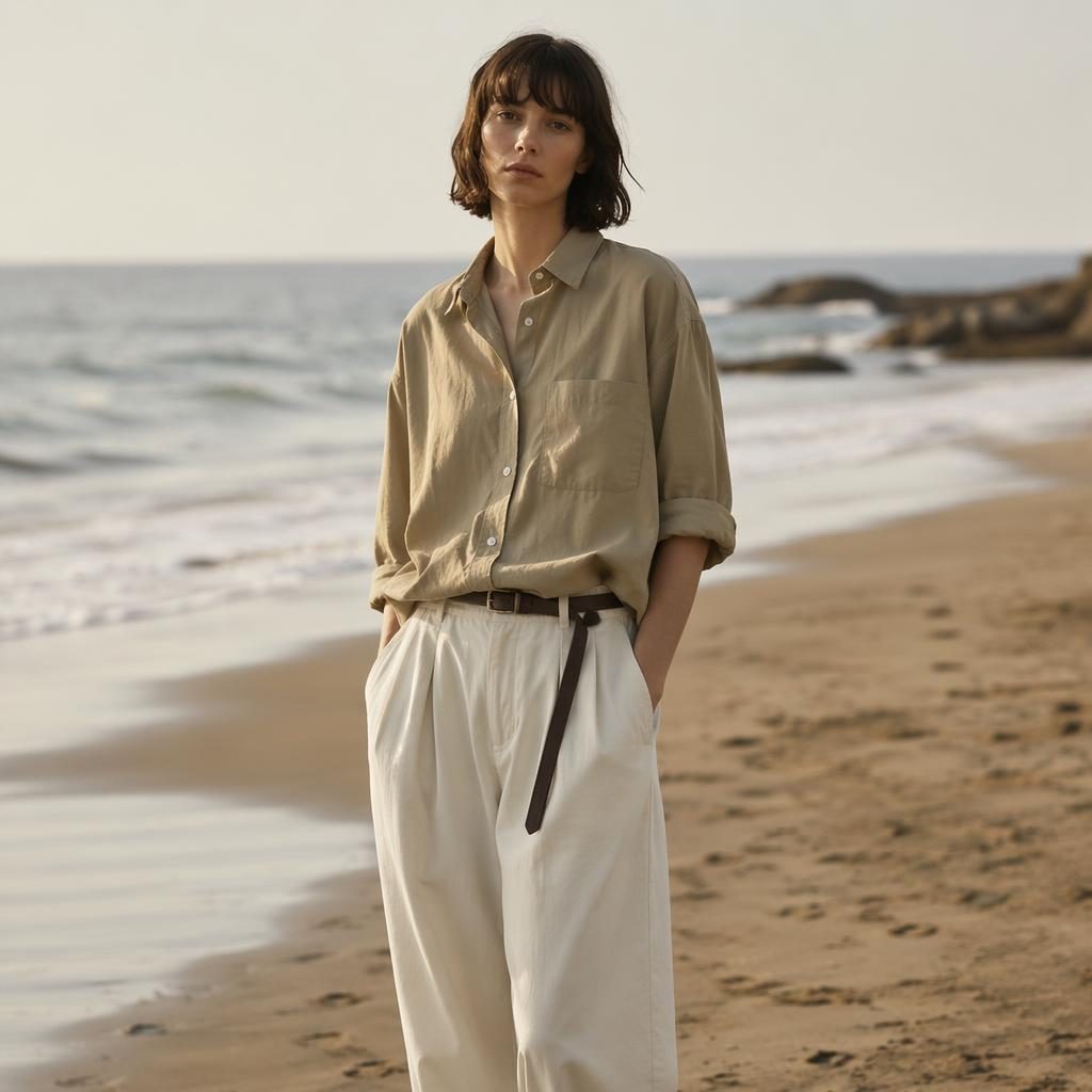 Editorial fashion model in a Margaret Howell lookbook outfit standing on a beach in soft warm light with a natural pose.