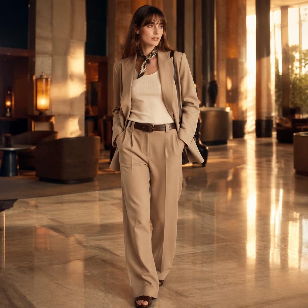 Fashion model in an original banana republic catalog inspired streetwear outfit posing in a luxury hotel lobby at sunset.