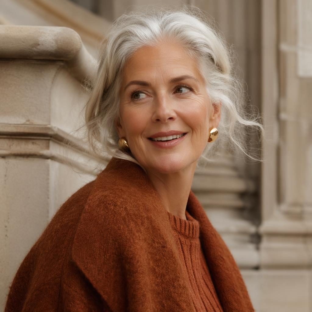 Editorial fashion model in a candid vogue headshot pose inside an architectural building with rust-toned autumn styling