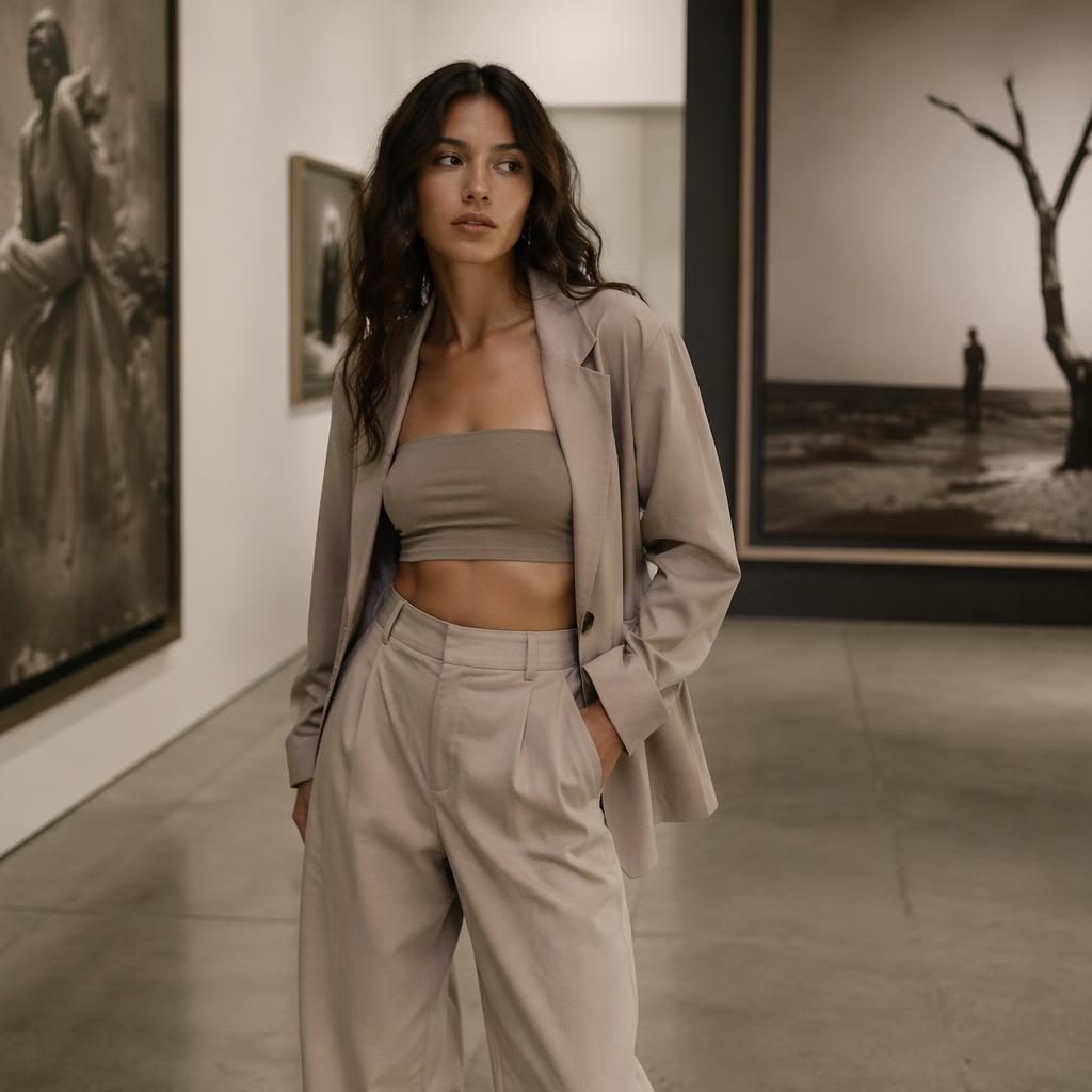 Model in a muted neutral Y2K-inspired outfit posing naturally in a dreamy art gallery editorial fashion scene.