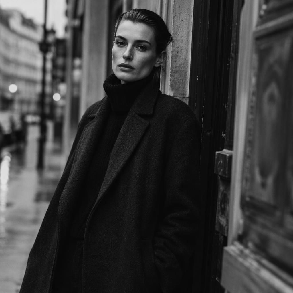 Modèle générique en lookbook mode noir et blanc, pose naturelle dans une rue urbaine, style grunge chic.