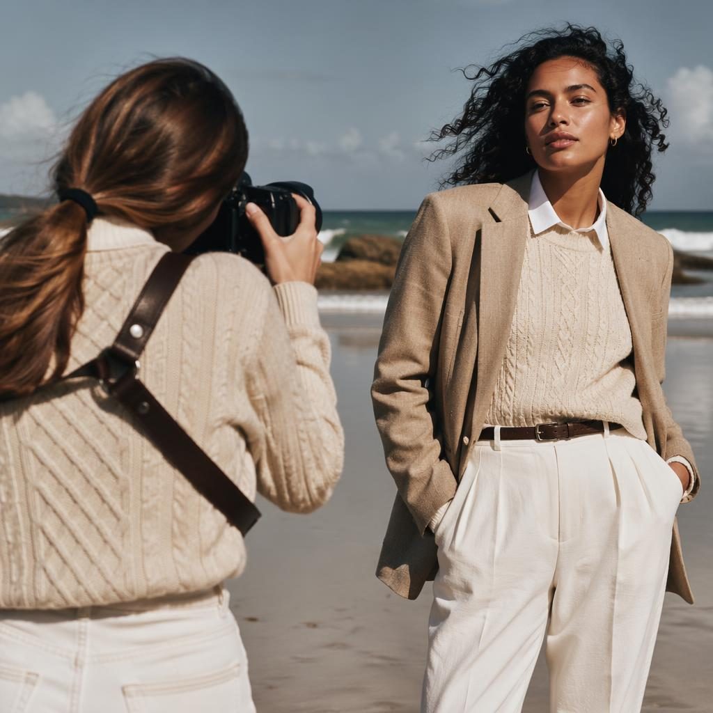 Editorial fashion model in a muted neutral preppy outfit on a beach, posed naturally in bold magazine lighting.