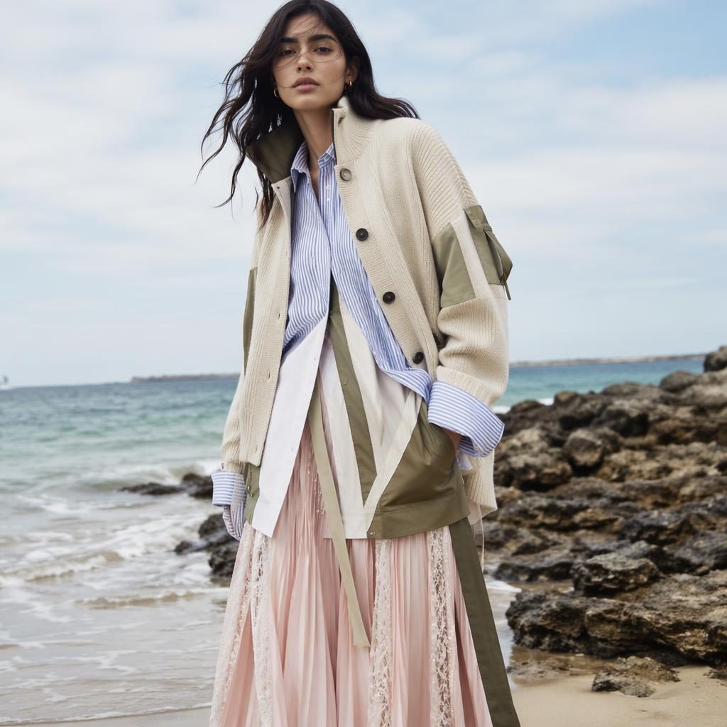 Editorial fashion model on a beach in a sacai lookbook outfit, styled in pastel coastal grandmother tones.