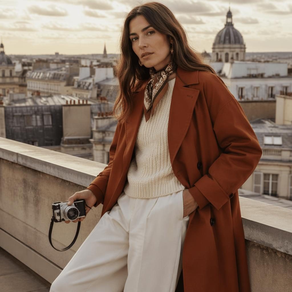 Modèle en lookbook mode sur un rooftop urbain, palette rouille d’automne, allure confiante et lumière éditoriale