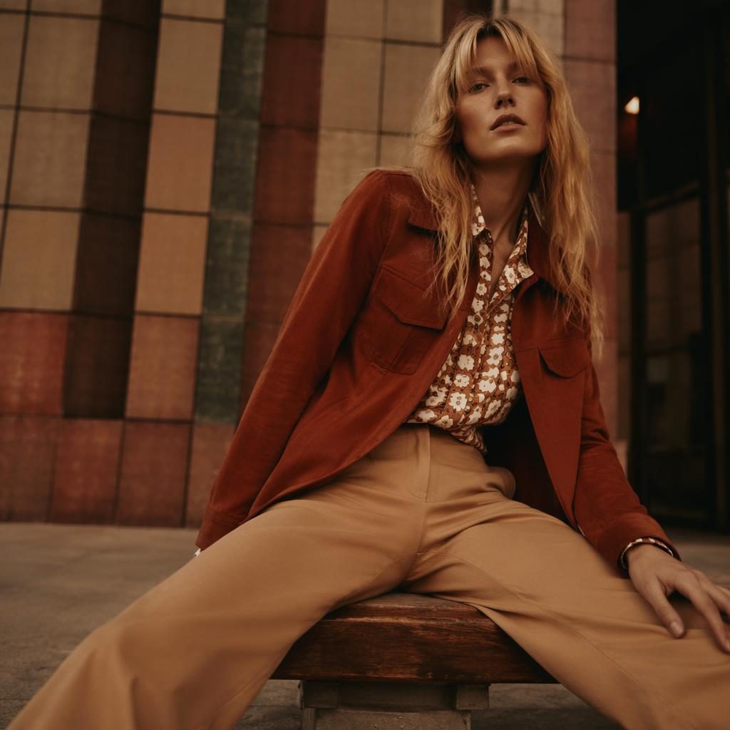 Model in herbstlichem 70er-Outfit vor architektonischem Gebäude, locker posierend im rustfarbenen Editorial-Look