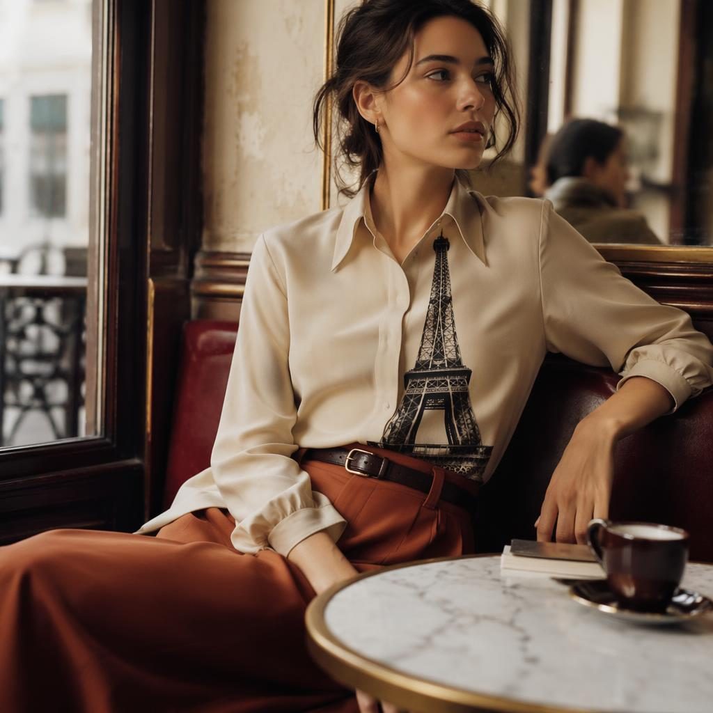 Modèle en look éditorial erwin blumenfeld tour eiffel dans un café vintage, lumière douce, palette rouille d’automne