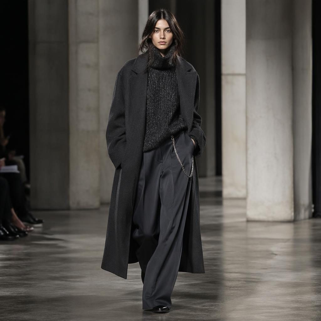 Editorial fashion model in a grunge edgy outfit posing naturally inside a cool gray architectural building