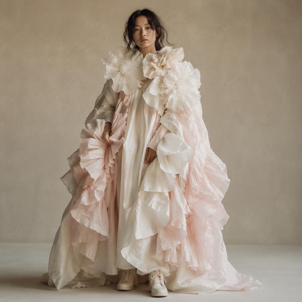 Editorial fashion model in a neutral studio wearing a bohemian flowy outfit with pastel tones and soft magazine lighting
