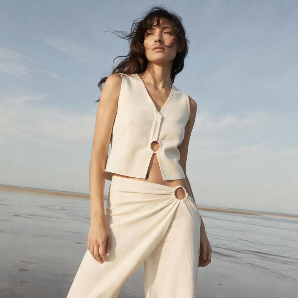 Editorial fashion model in a muted neutral outfit on a beach, playful candid pose, futurist lookbook lighting