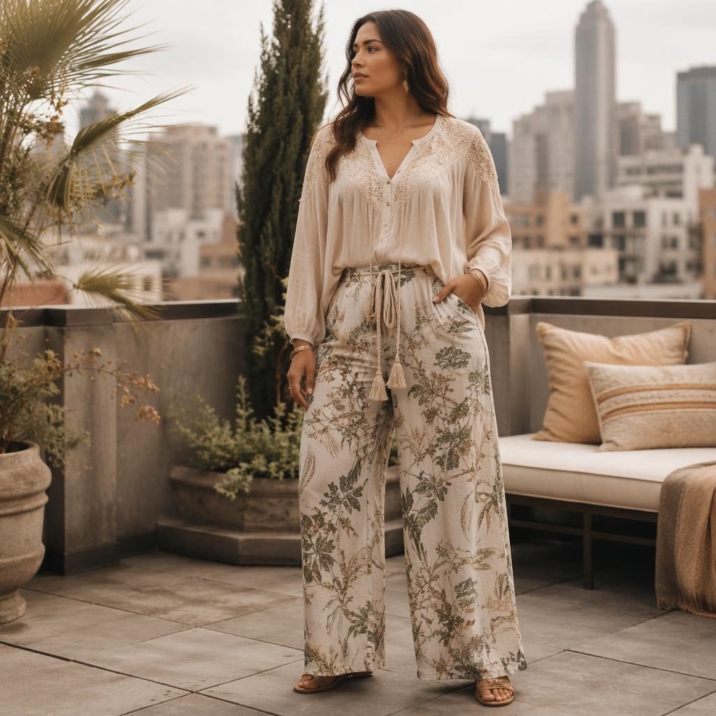 Model in a flowy bohemian neutral outfit posing on a rooftop with soft dreamy city light in an editorial fashion lookbook.