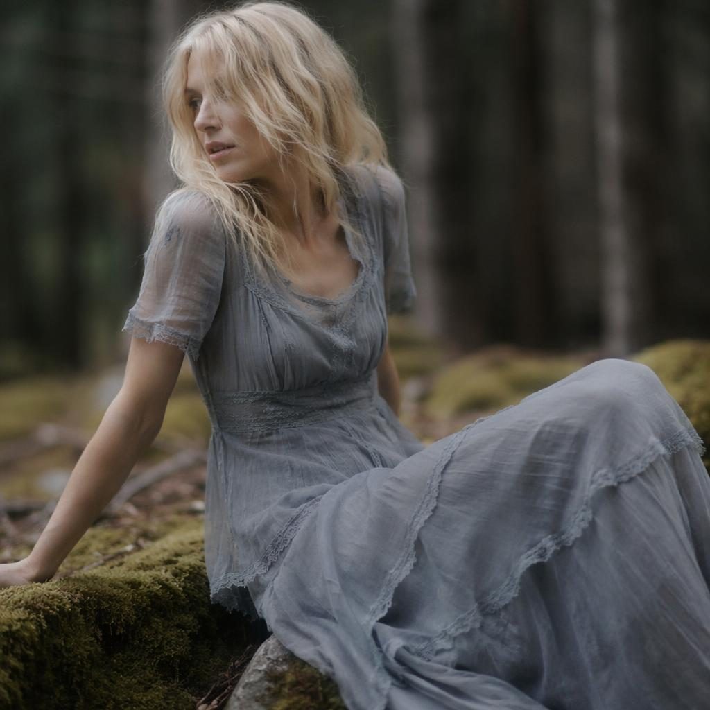 Fashion lookbook model in a forest wearing a cottagecore outfit, playful candid pose, cool gray editorial lighting