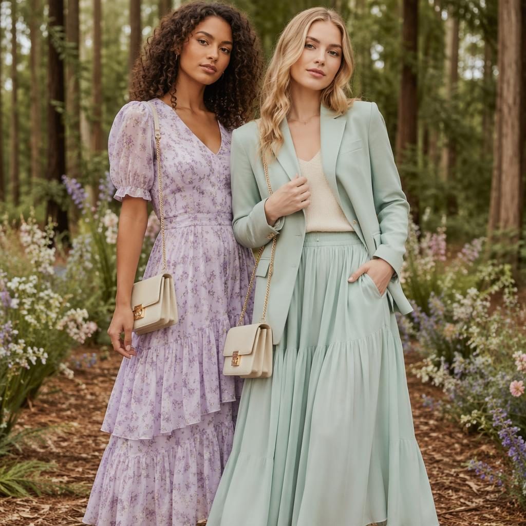 Editorial fashion model in a pastel romantic outfit standing in a forest with luxurious runway styling and soft lighting.