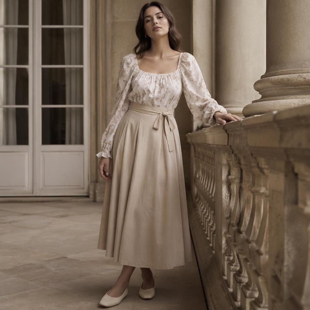 Model in Cottagecore-Outfit vor architektonischem Gebäude, sanfte Pose, verträumtes Licht, gedeckte neutrale Farben