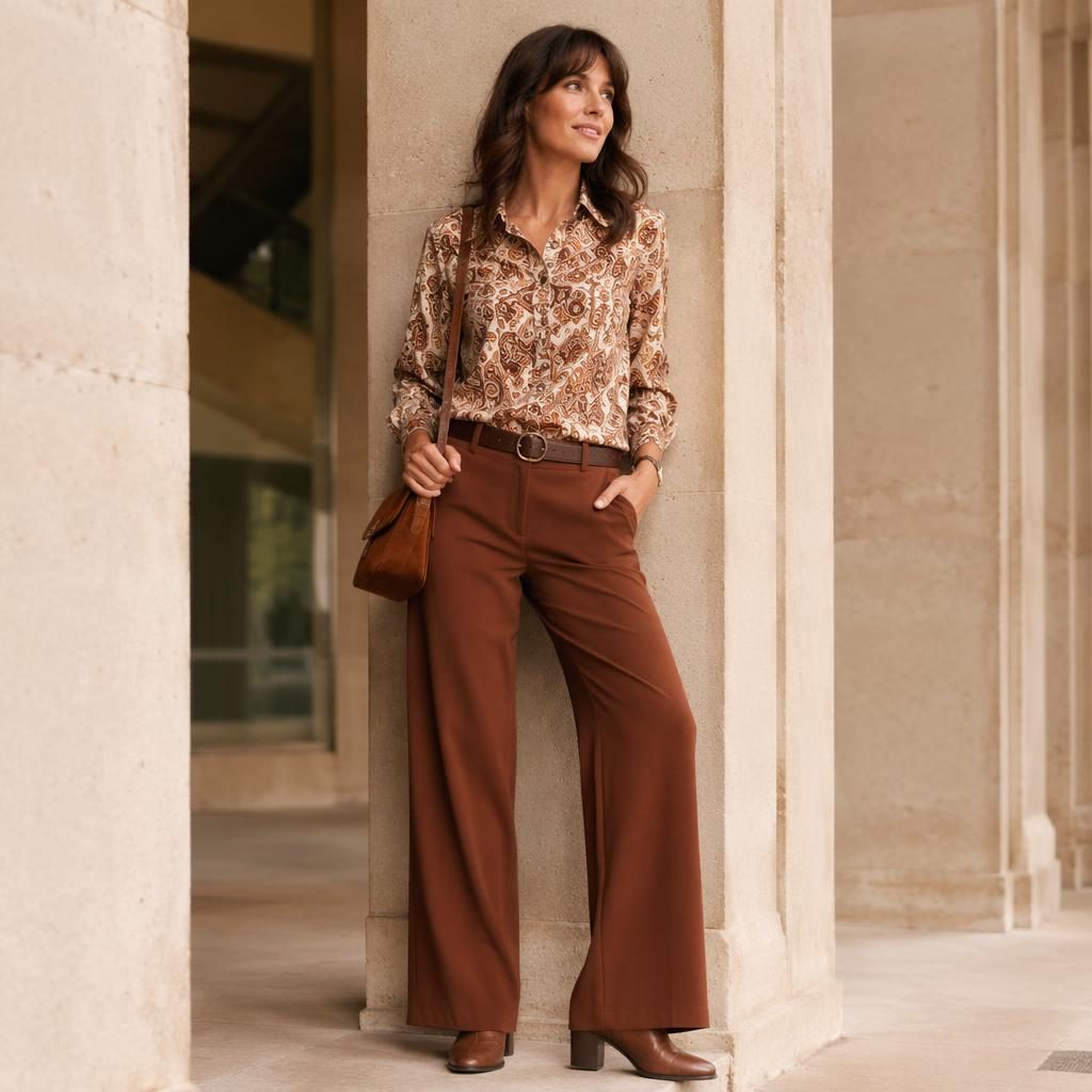 Modèle femme en tenue style catalogue afibel femme, pose naturelle devant un bâtiment architectural, palette terre chaude.