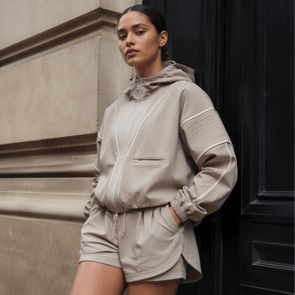 Model in muted neutral sportswear on an urban street, styled in a luxe givenchy editorial lookbook aesthetic.