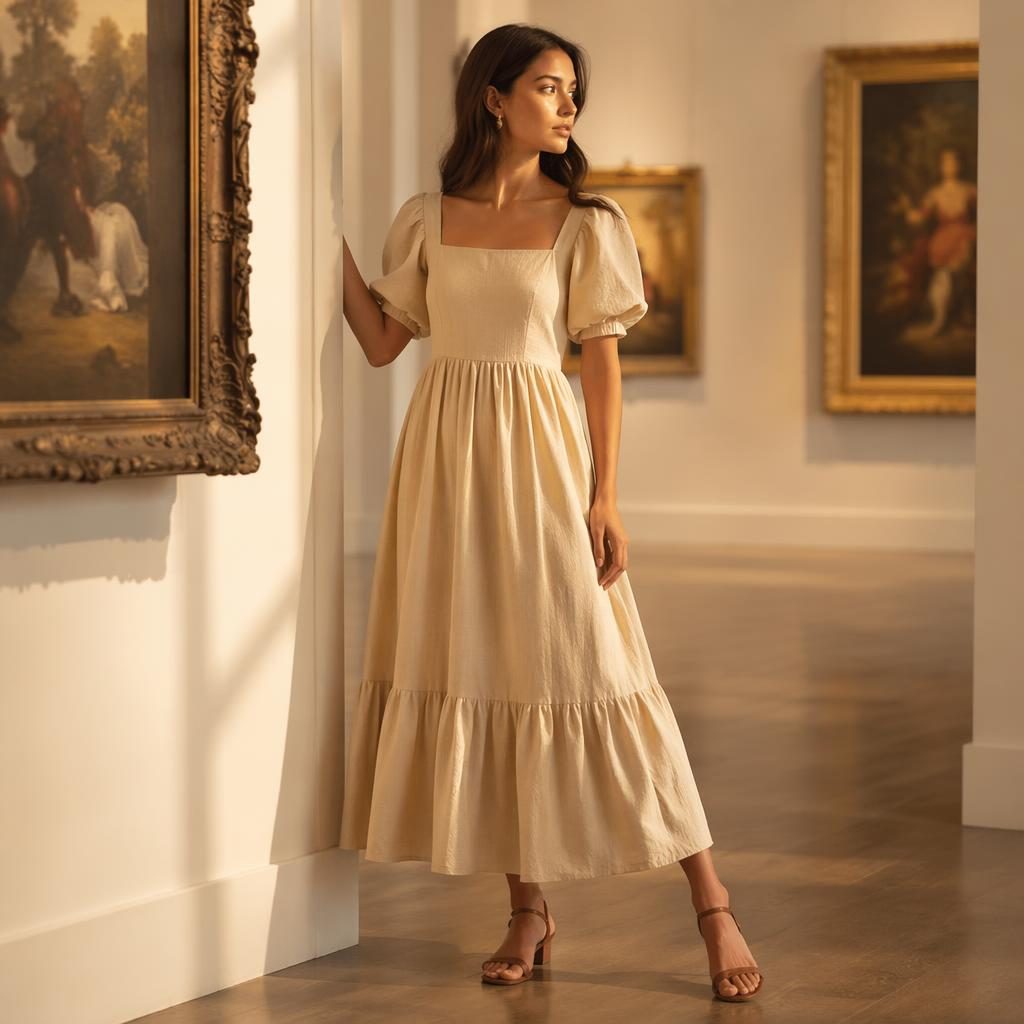 Model in a vamika dress posing naturally in an art gallery with soft dreamy light and a warm sunset palette.