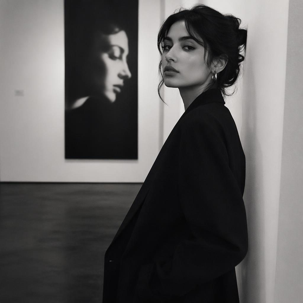 Editorial fashion lookbook photograph. Outfit: toni frissell photographer. Aesthetic: grunge edgy, location: art gallery