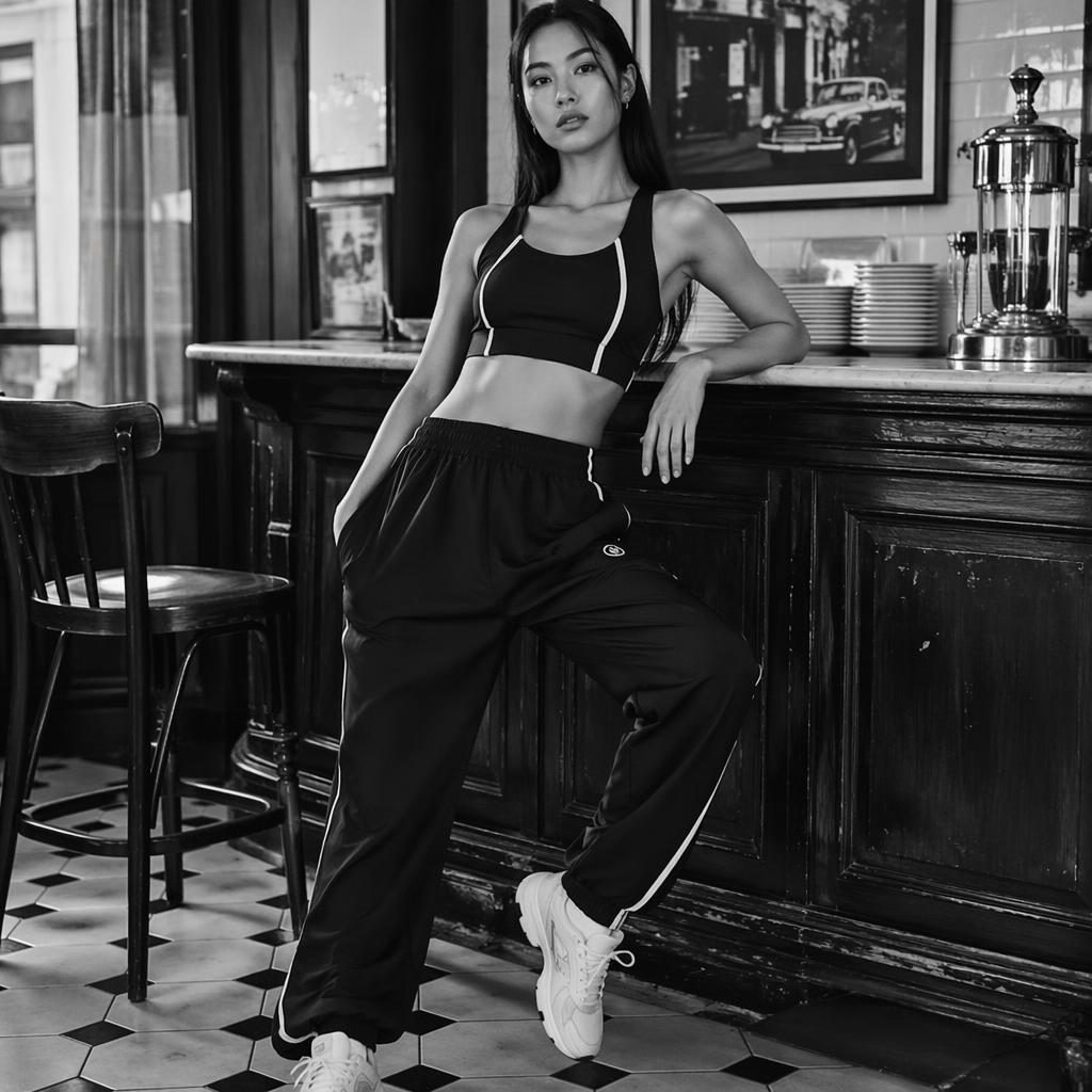 Model in sportswear-style photoshoot clothing posing naturally in a vintage cafe, shot in bold black and white.