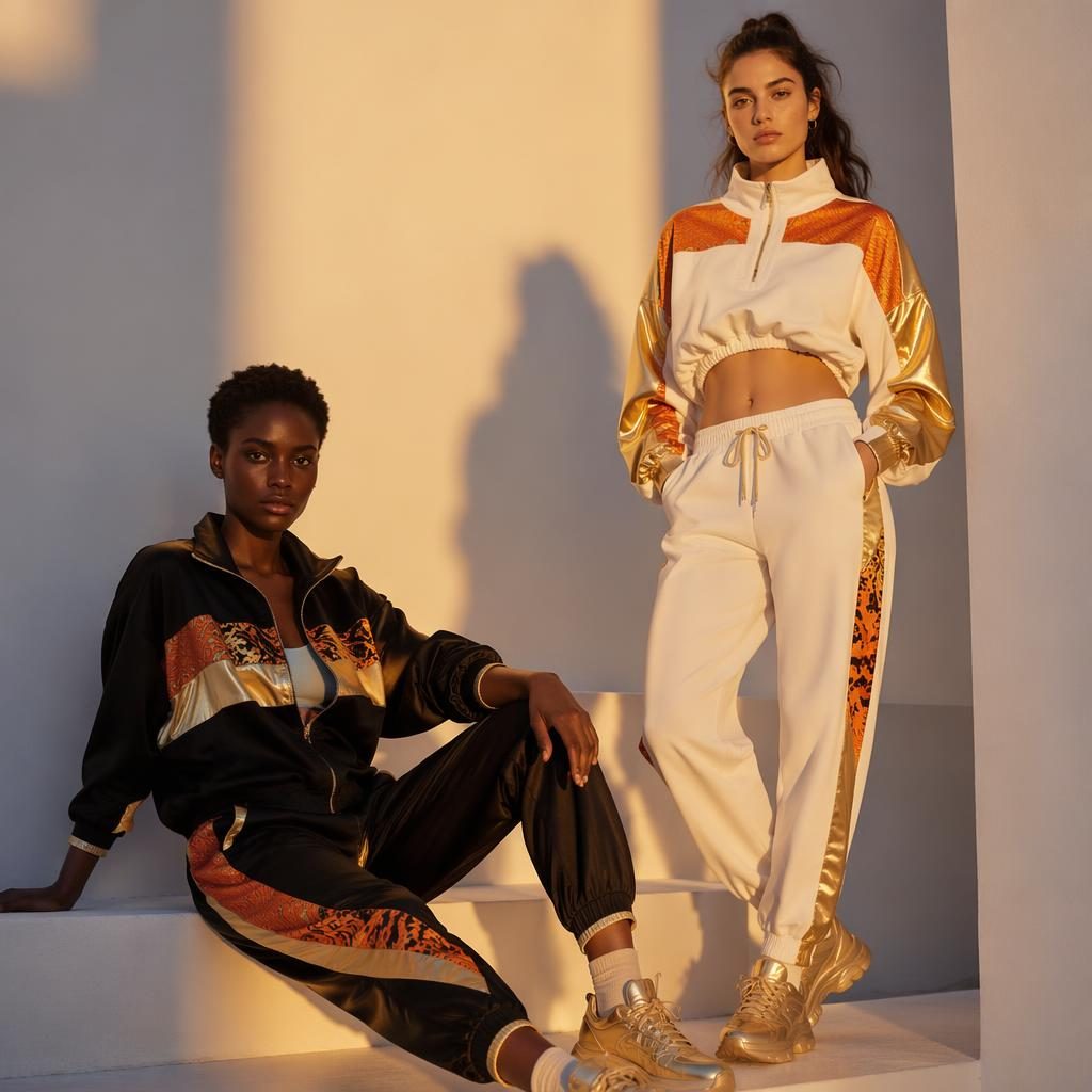 Generic model in a moschino editorial sportswear look posing in a minimalist white studio with warm sunset lighting.
