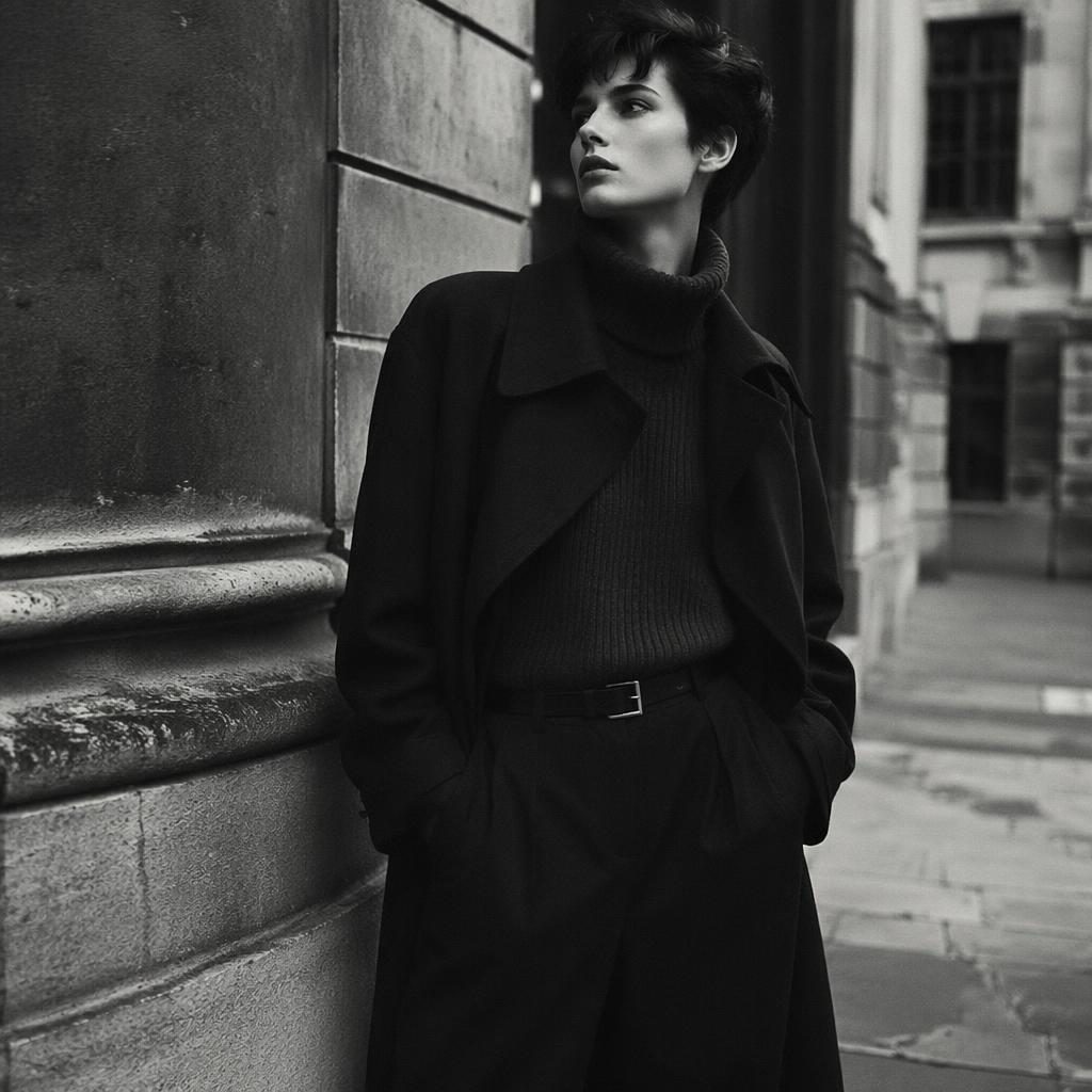 Editorial fashion model on an urban street in a dark academia outfit, dreamy soft mood with bold high-contrast lighting.