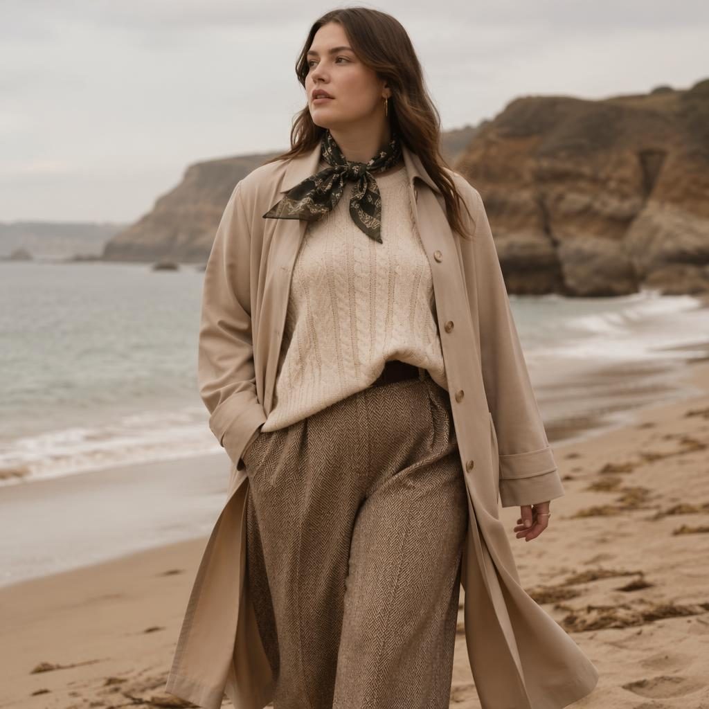Editorial fashion model on a muted beach in a dark academia outfit, styled in soft dreamy light with neutral tones.