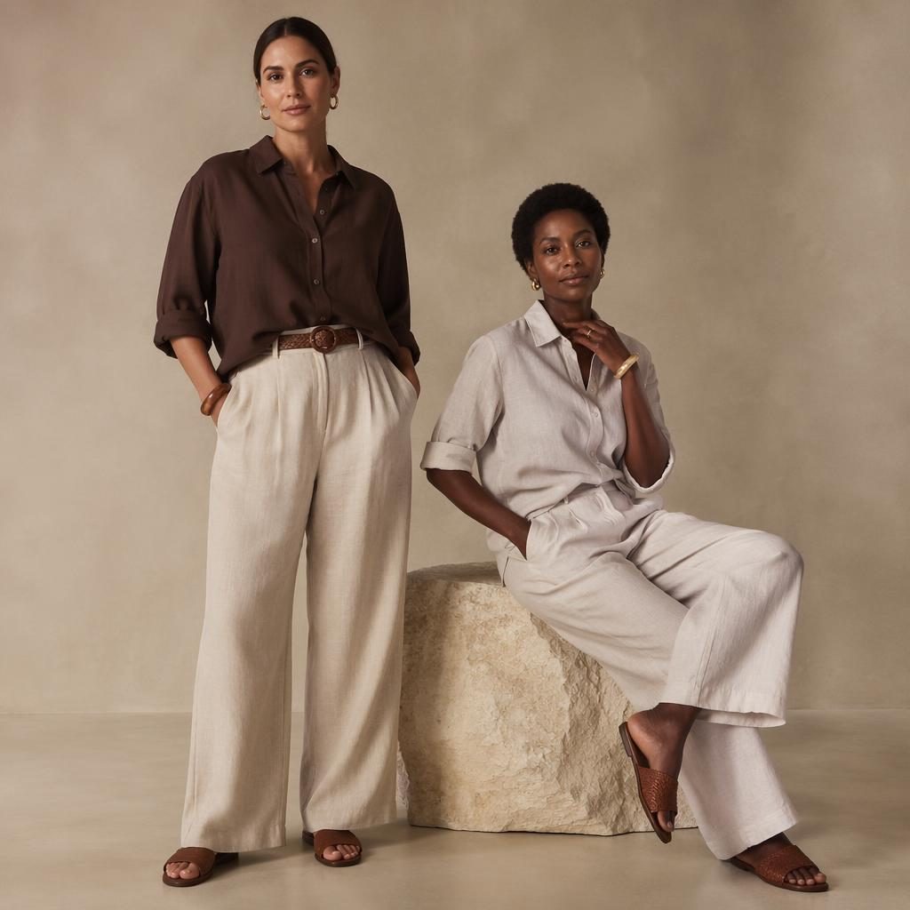 Editorial fashion model in a neutral studio wearing a warm earth-tone coastal grandmother outfit with soft luxury styling