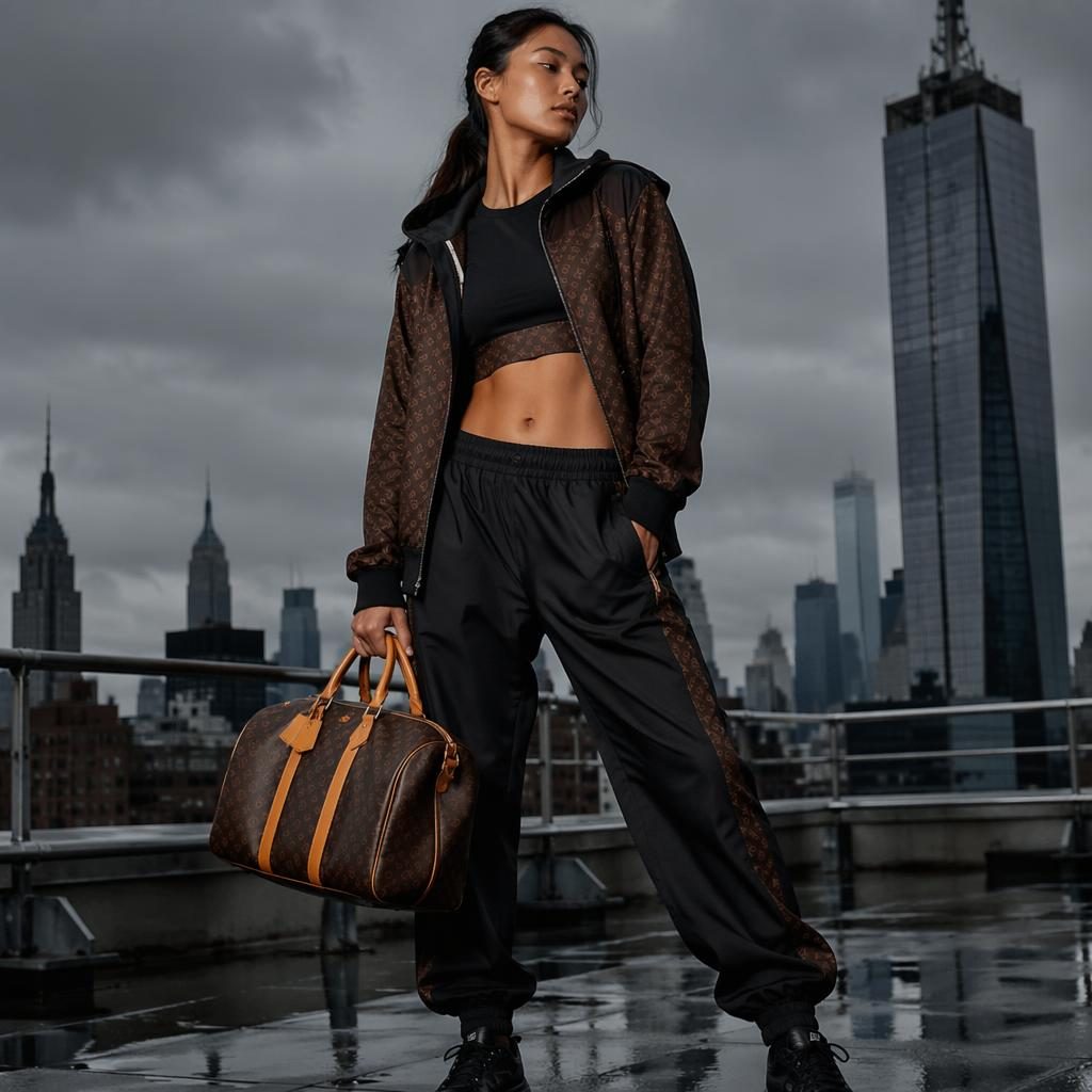 Editorial fashion model in athletic-inspired luxury outfit on a rooftop at night with a dark moody city backdrop