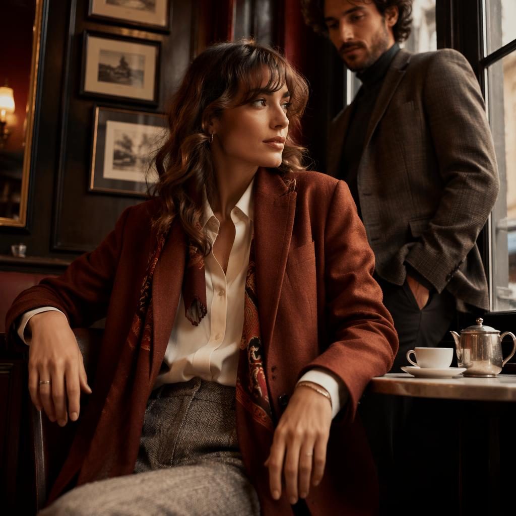 Model in a refined autumn outfit posing in a vintage cafe with dark academia styling and rust-toned fashion lighting.