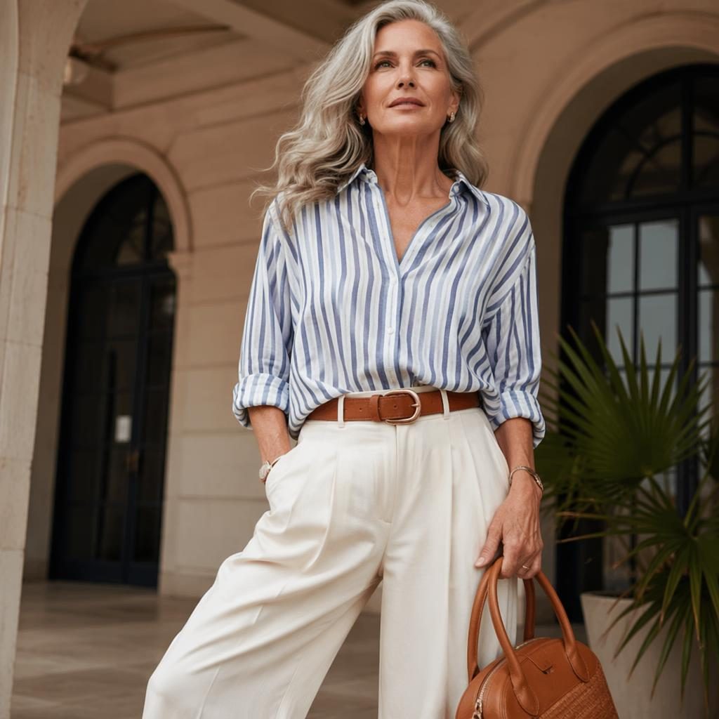 Model in a coastal grandmother outfit posed at an architectural building with bold lighting and a high-contrast palette