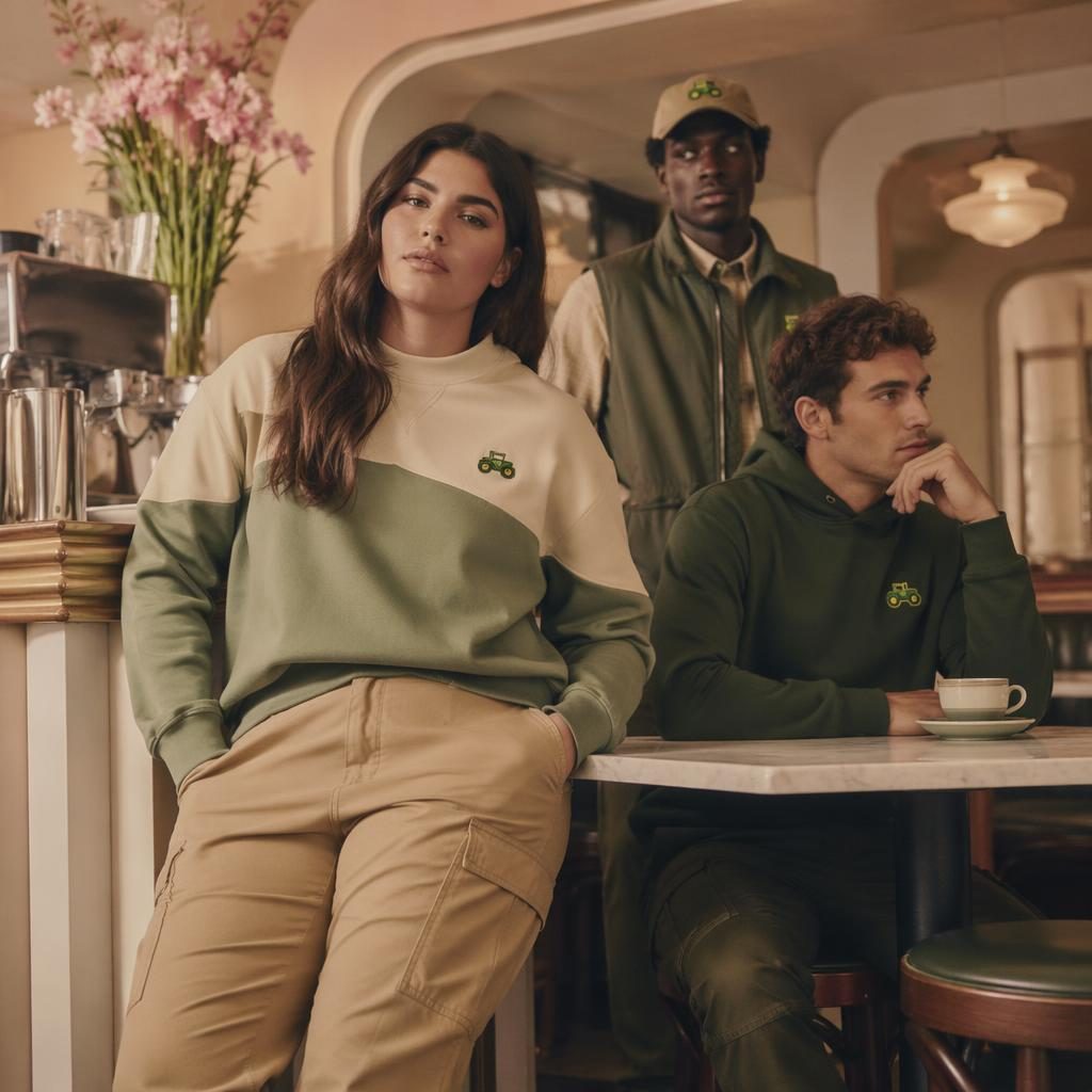 Editorial fashion model in a John Deere-inspired outfit posing naturally in a vintage cafe with pastel dreamy lighting