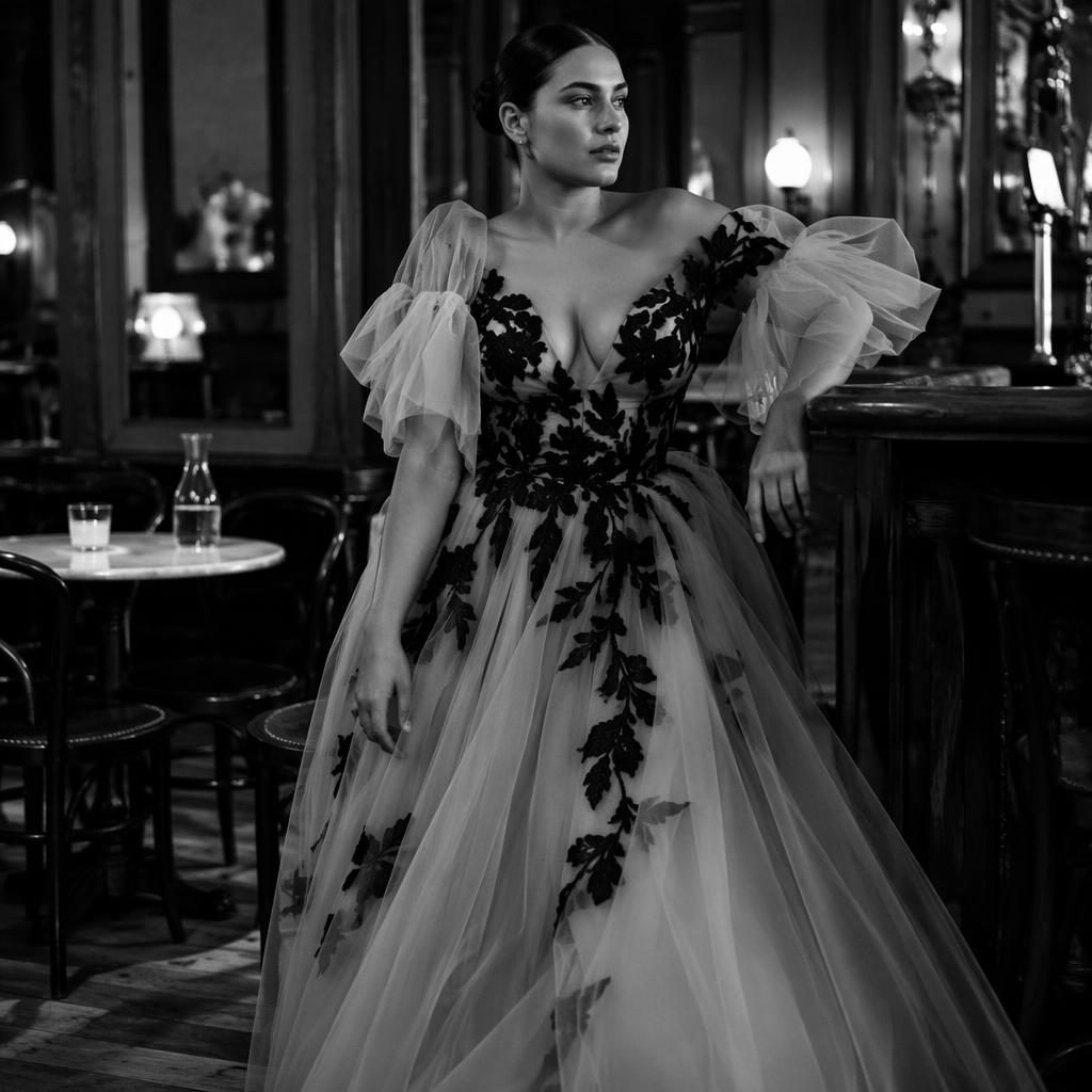 Black and white fashion lookbook photo of a model in haute couture posing naturally inside a vintage cafe.