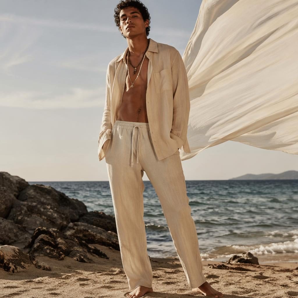 Modèle masculin en tenue d’été bohème fluide sur une plage, pose naturelle, tons neutres et énergie affirmée.